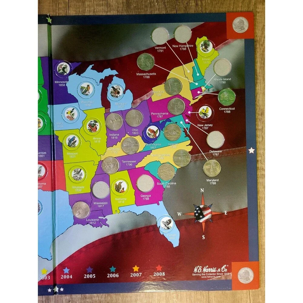 H.E. Harris & Co. State Series Quarters Collectors Map + Partial Set (13 of 50)